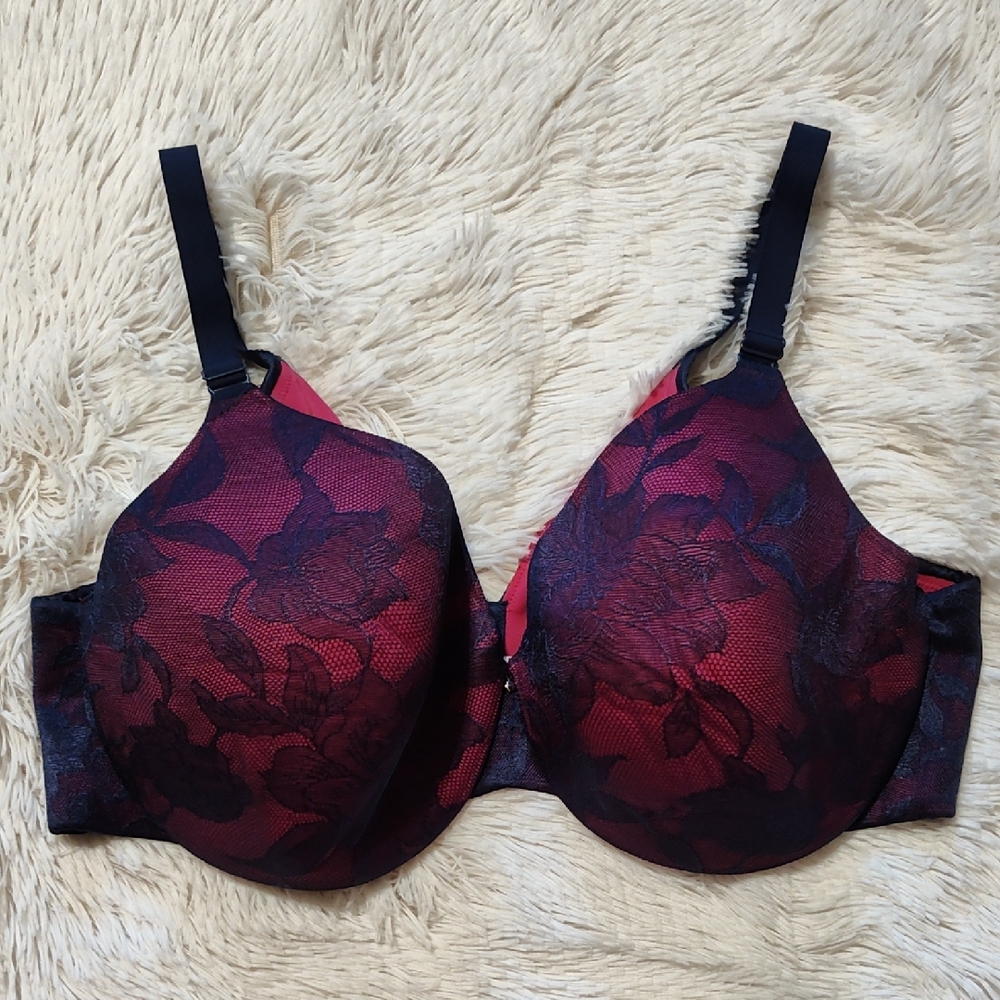 Cacique Lane Bryant Lightly Lined Full Coverage Bra Hot Pink Navy Lace Size 46D